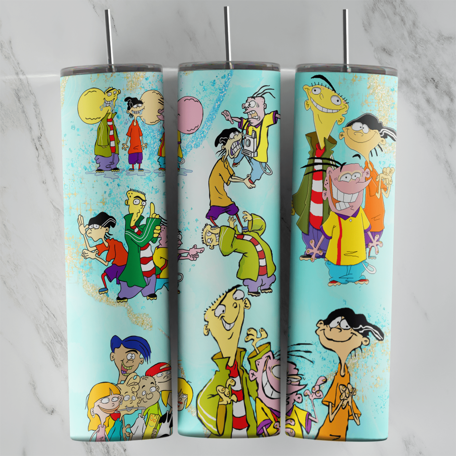 An aqua 20 oz tumbler wrap with Ed, Edd and Eddy from Ed Edd n Eddy in different poses and scenes across the cup. Sublimation design