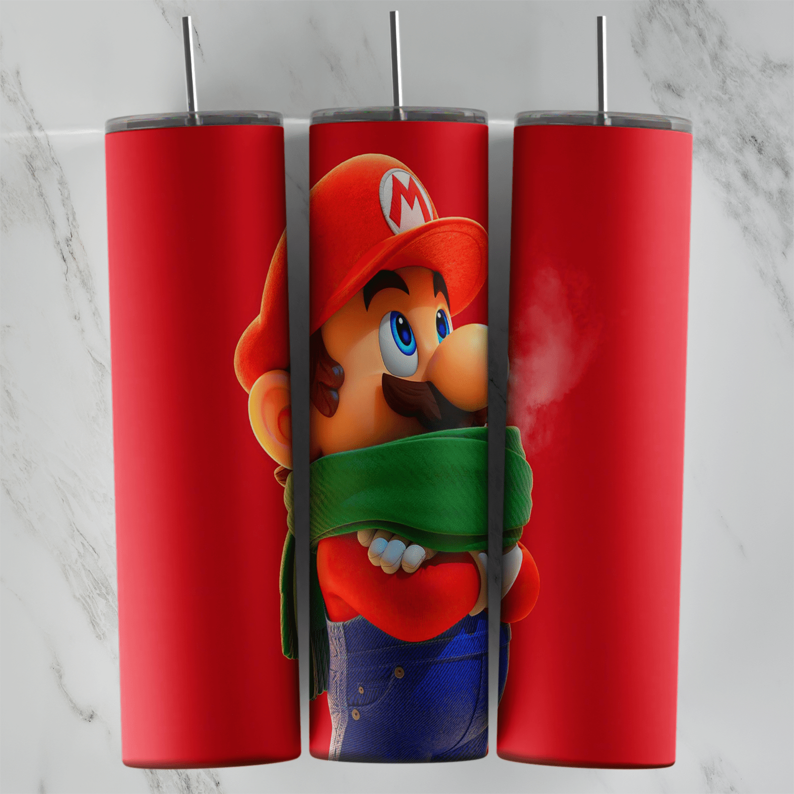 A 20 oz skinny tumbler wrap with movie style Mario shivering in a green scarf with his arms crossed and his breath showing. Sublimation design