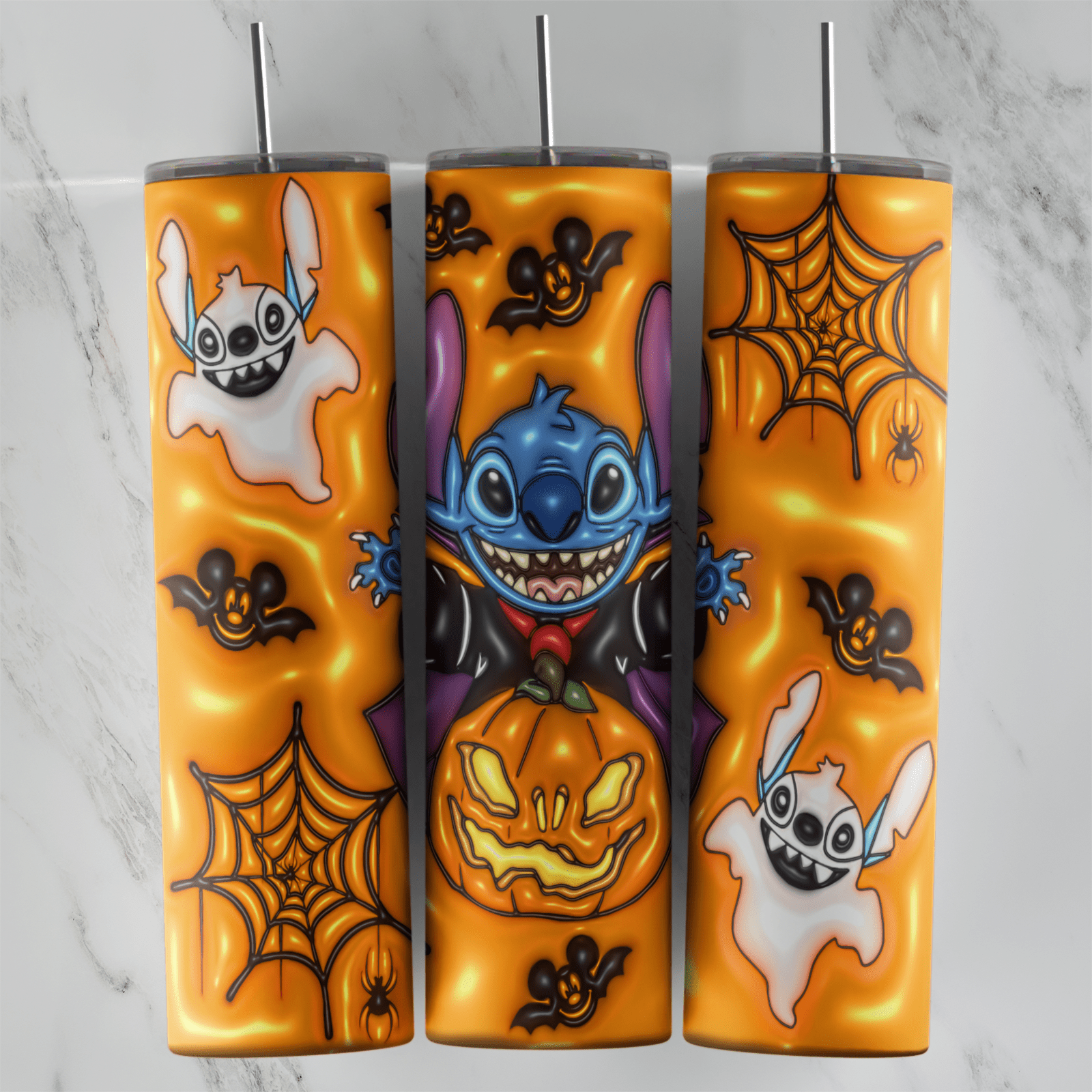 A puffy 3D style orange Halloween tumbler wrap with Stitch dressed as a vampire on a jack o lantern, ghost Stitch figures, bats. Sublimation design