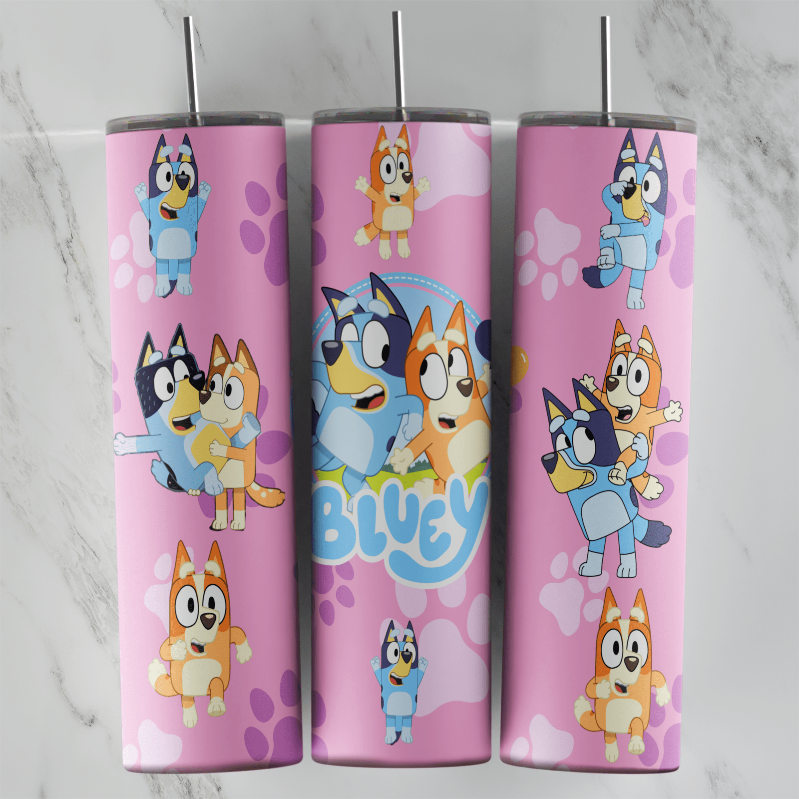 20 Oz Bluey and Bingo Pink Paw Prints Tumbler Cup Design
