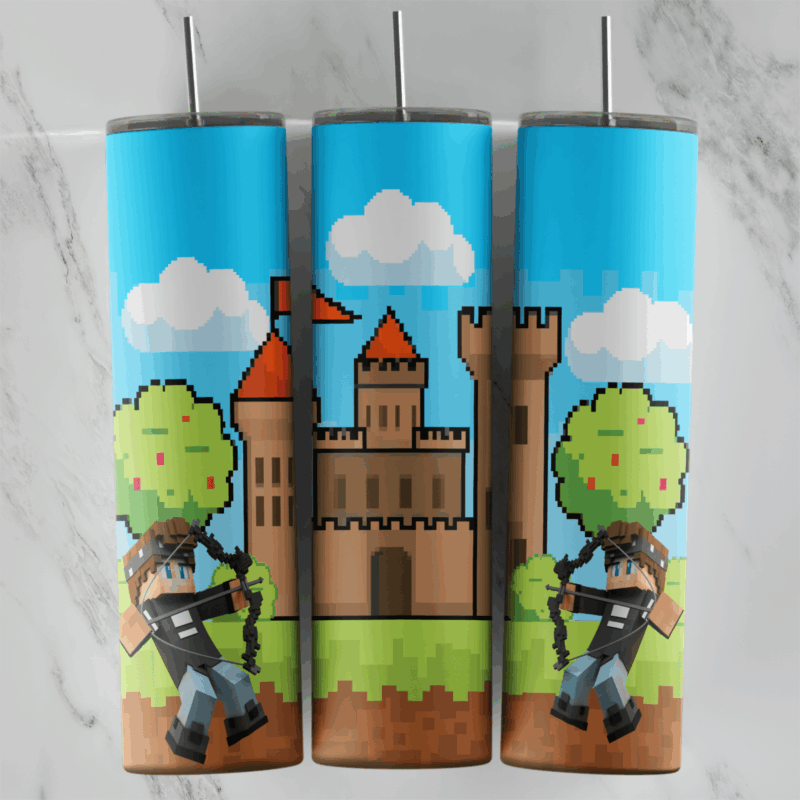 A 20 oz skinny tumbler wrap with a pixel art Minecraft scene: a stone castle, blocky trees and a player character with a bow. Sublimation design