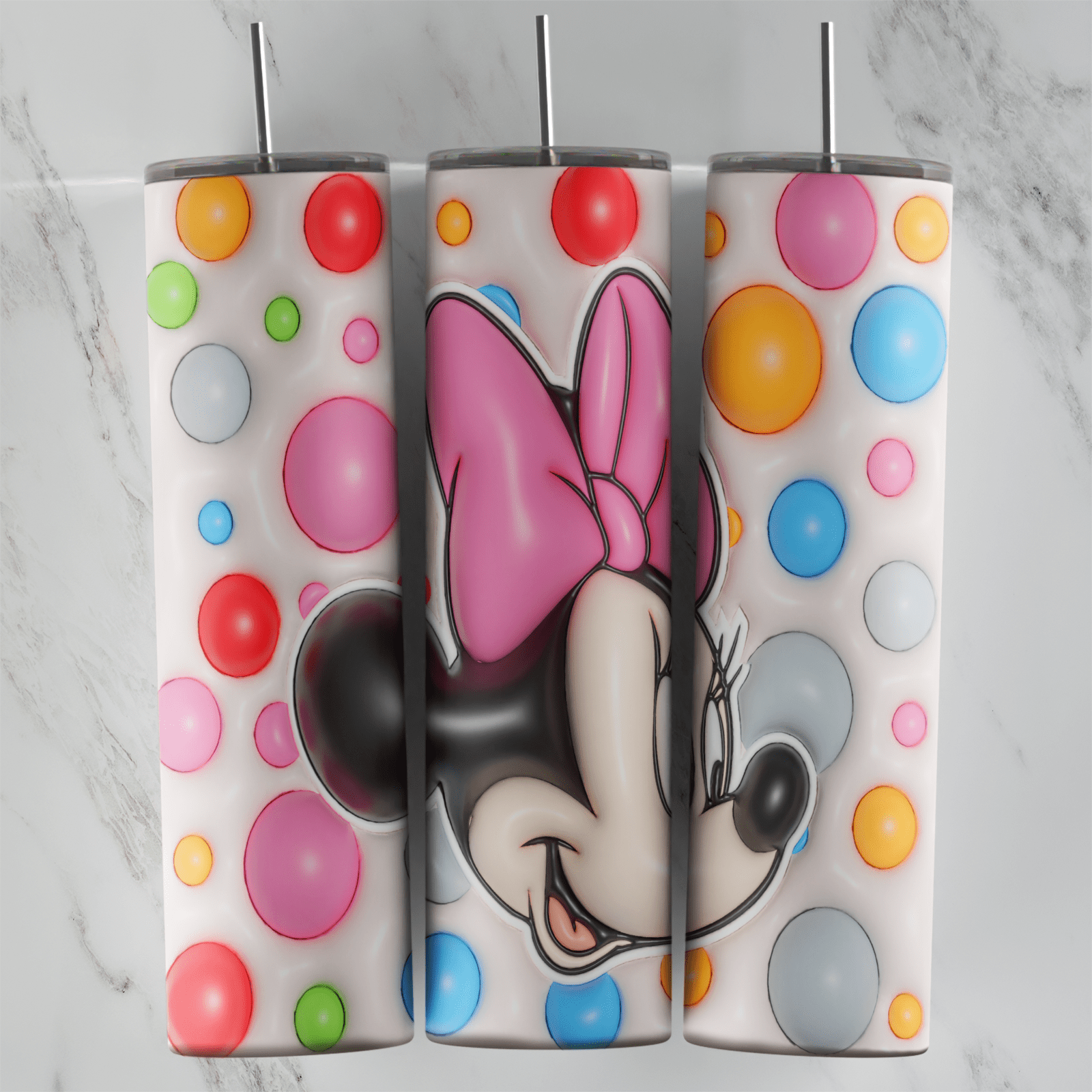 A full 20 oz skinny tumbler wrap in a 3D inflated style: a close up of Minnie with her pink bow, surrounded by puffy colored. Sublimation design