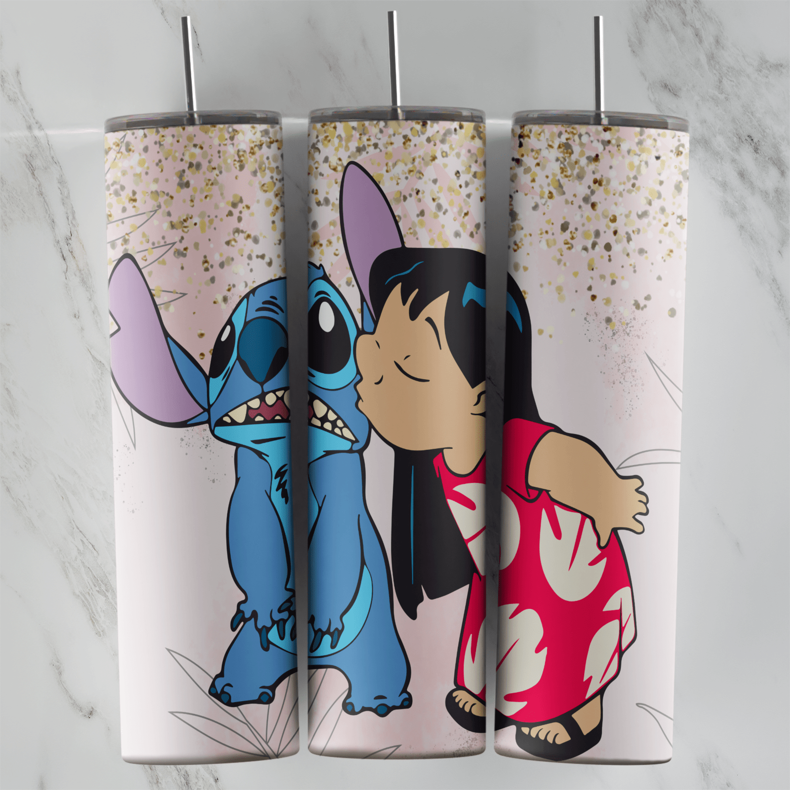 20 Oz Lilo and Stitch Lilo Kiss Gold Glitter Tumbler Cup Design