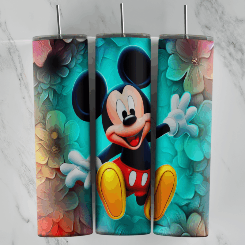A 20 oz skinny tumbler wrap with a jumping, waving Mickey Mouse over a background of teal, orange and pink 3D flowers. Sublimation design