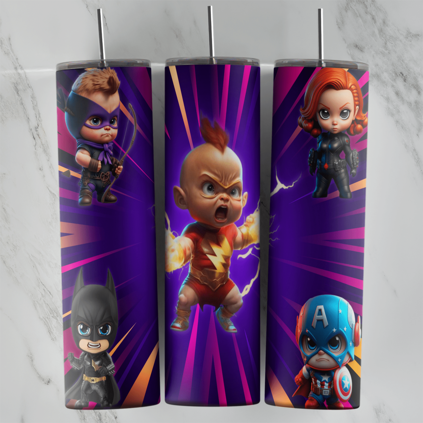 A superhero tumbler wrap with chibi heroes on a purple burst background: Batman, Captain America, Black Widow, a hooded archer. Sublimation design