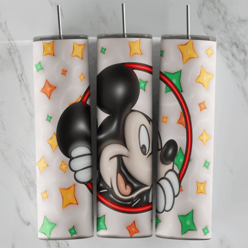 A full 20 oz skinny tumbler wrap in a 3D inflated style: Mickey peeking through a red ring, with puffy colored stars on white. Sublimation design