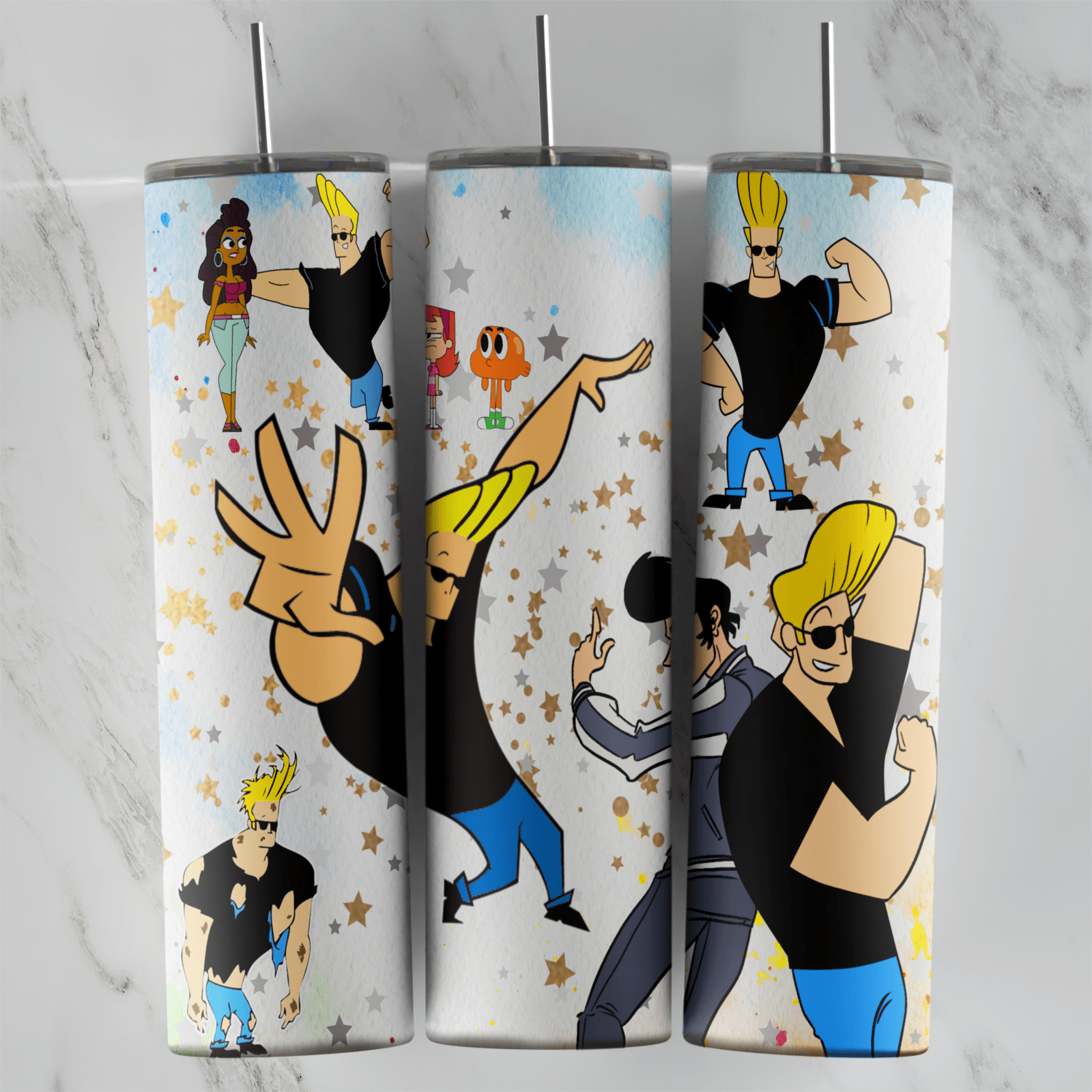 A white 20 oz tumbler wrap with gold stars and Johnny Bravo in several poses, flexing, waving and walking, with a couple of other. Sublimation design