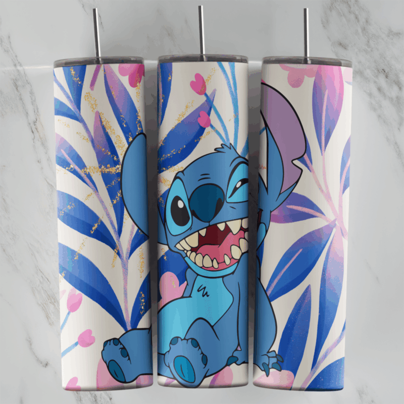 A 20 oz skinny tumbler wrap with a laughing Stitch sitting among large royal blue tropical leaves and pink accents on a white. Sublimation design