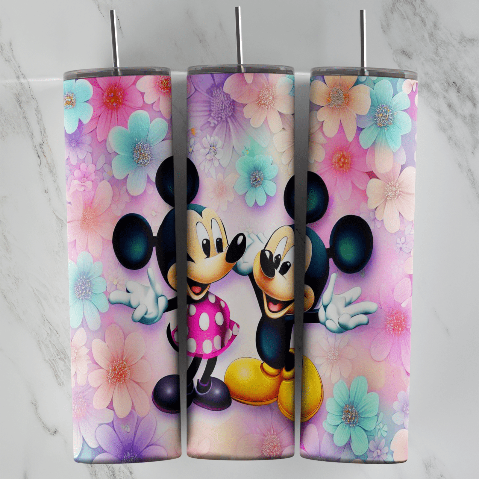 A 20 oz skinny tumbler wrap with Mickey and Minnie Mouse standing together over a pastel background of pink, teal and purple. Sublimation design