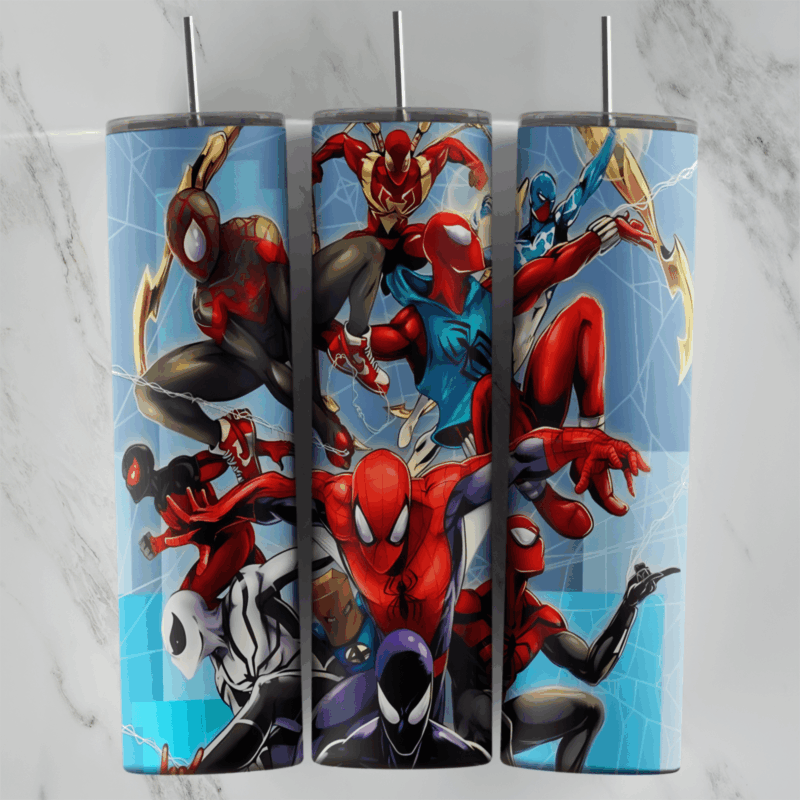 A 20 oz skinny tumbler wrap on a blue background crowded with different Spider-People in action poses, including Spider-Man. Sublimation design