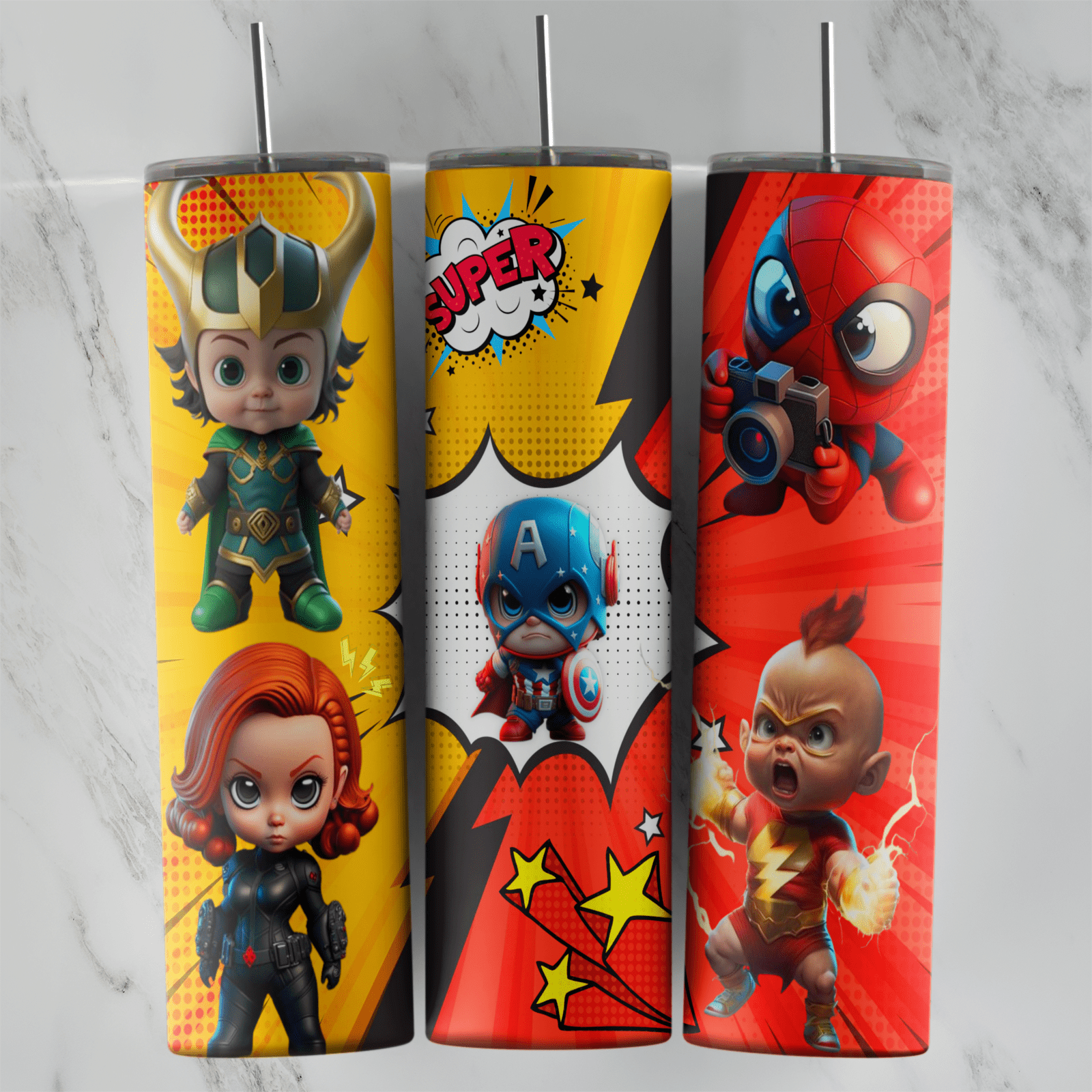 A superhero tumbler wrap in comic pop art style: chibi Loki, Black Widow, Captain America, Spider-Man and a baby hero. Sublimation design