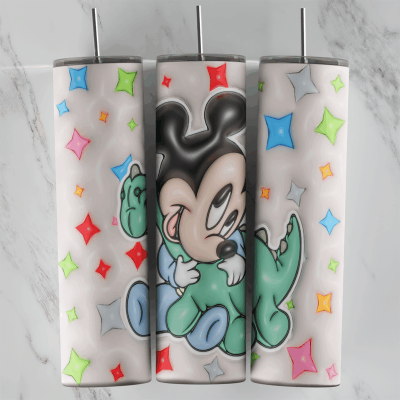 A full 20 oz skinny tumbler wrap in a 3D inflated style: baby Mickey hugging a green dinosaur plush, surrounded by puffy colorful. Sublimation design