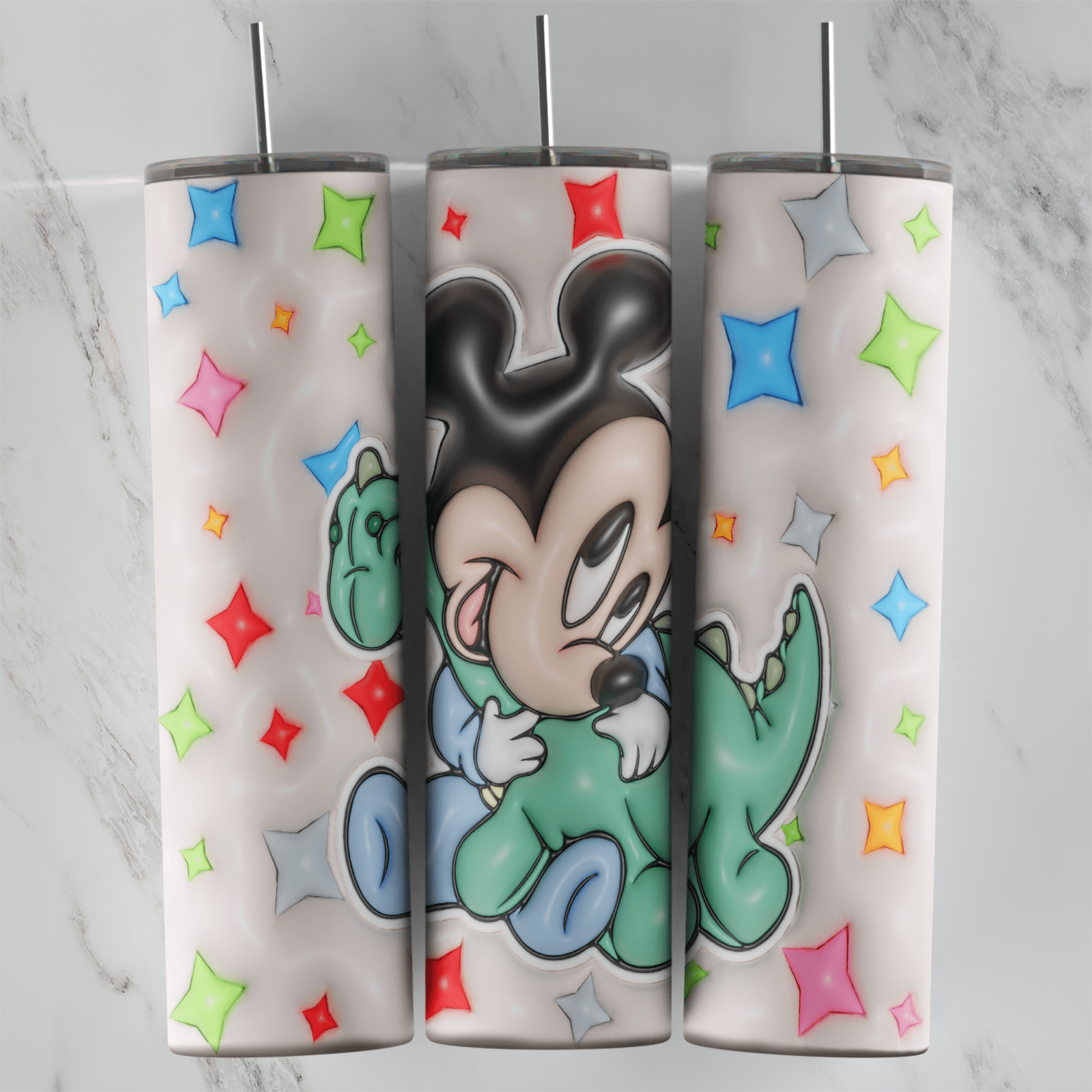 A full 20 oz skinny tumbler wrap in a 3D inflated style: baby Mickey hugging a green dinosaur plush, surrounded by puffy colorful. Sublimation design