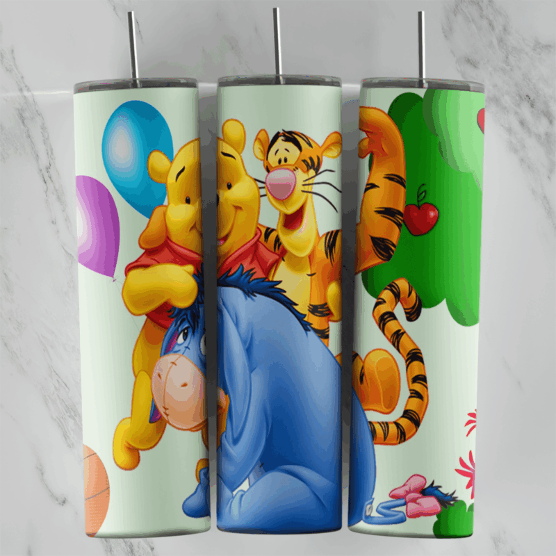 A 20 oz skinny tumbler wrap with Pooh holding balloons, Tigger, Eeyore and a tree with apples on a soft mint background. Sublimation design
