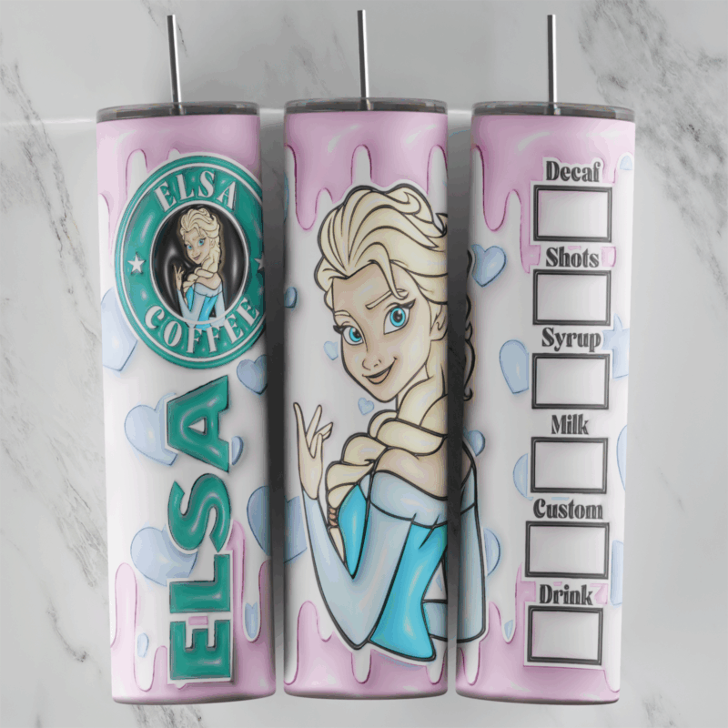 A pink drip 3D inflated 20 oz tumbler wrap with an Elsa Coffee logo, Elsa in her blue gown, ELSA lettering and an order checklist. Sublimation design