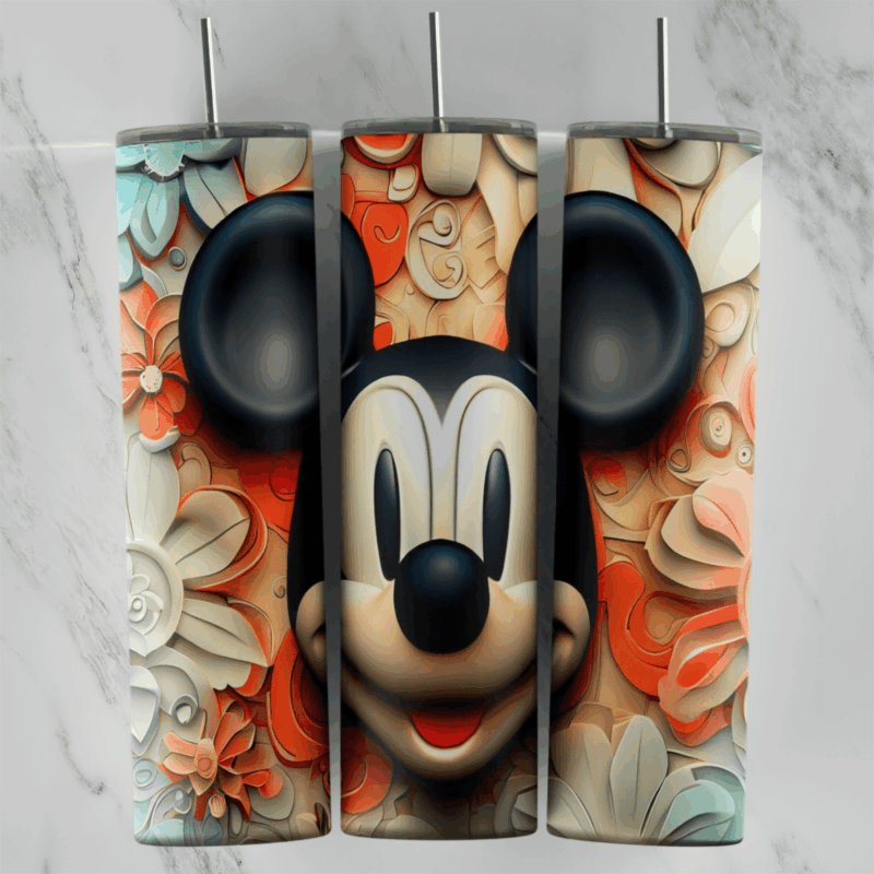 A 20 oz skinny tumbler wrap with a 3D Mickey Mouse face on a background of orange, cream and teal embossed flowers. Sublimation design