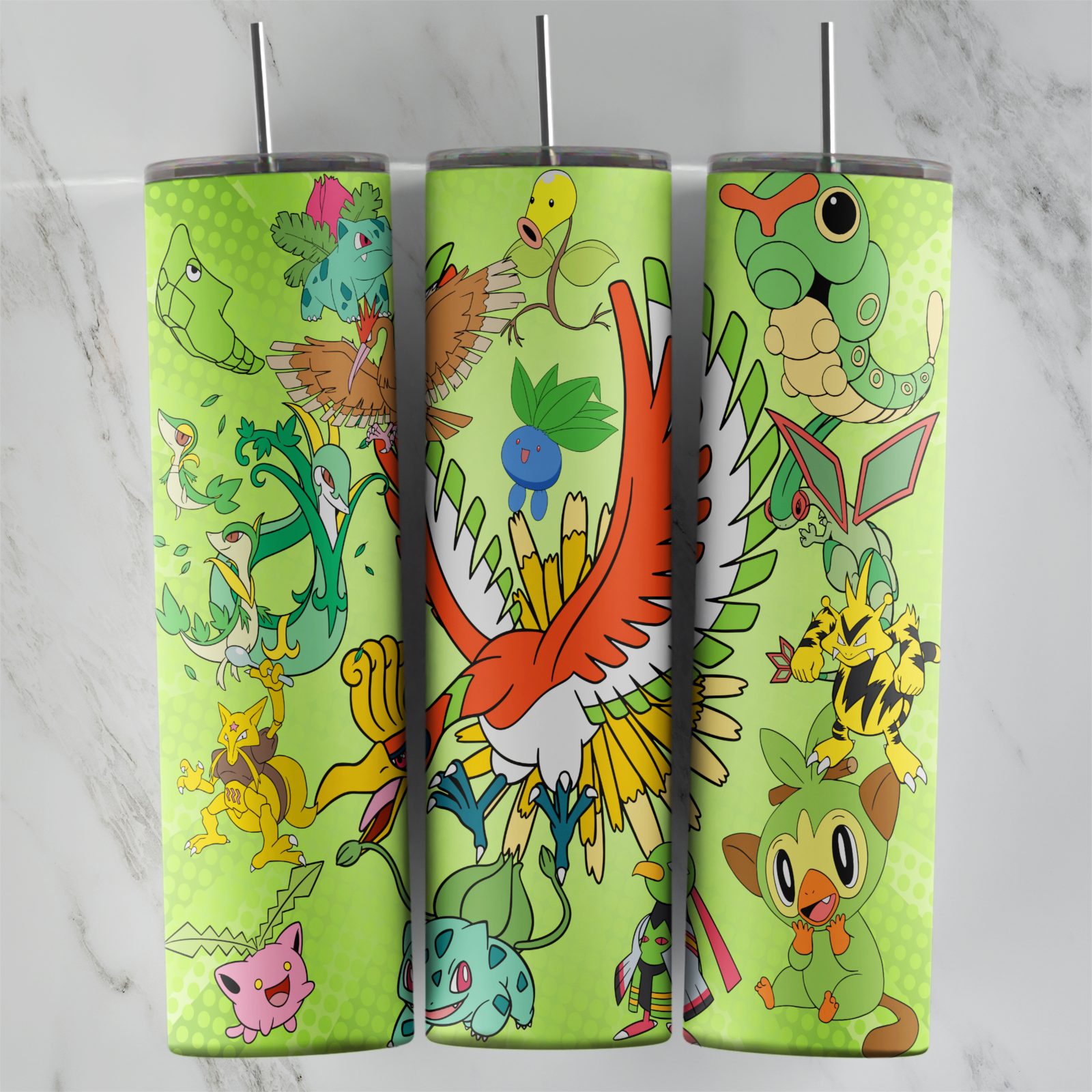 20 Oz Pokemon Green Ho-Oh and Grookey Tumbler Cup Design