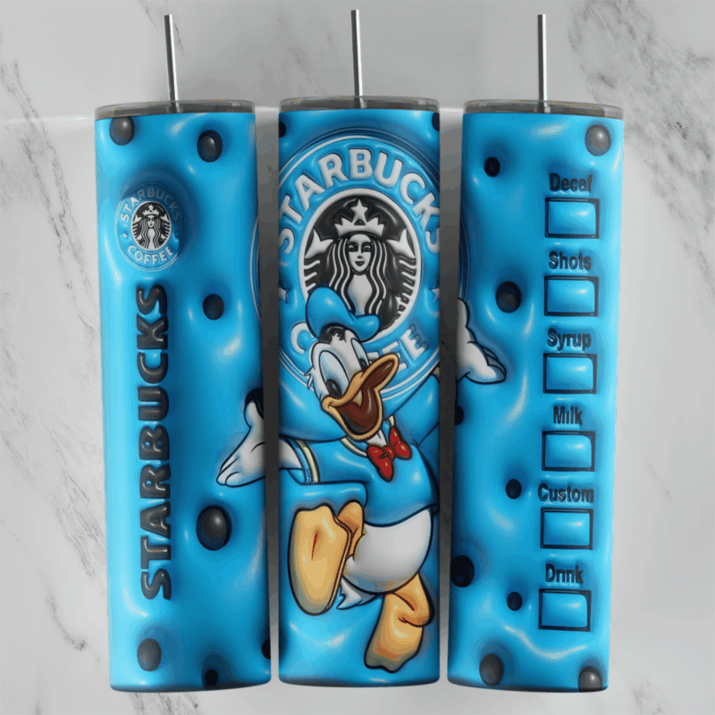 A puffy 3D style blue tumbler wrap mixing a Starbucks cup label with Donald Duck: the siren logo, Starbucks lettering, order. Sublimation design