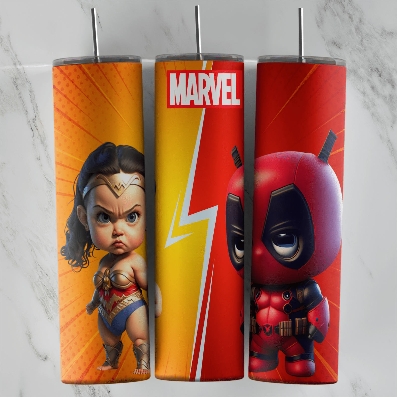 A superhero tumbler wrap with chibi style Wonder Woman and Deadpool on orange and red halftone panels, split by a lightning bolt. Sublimation design