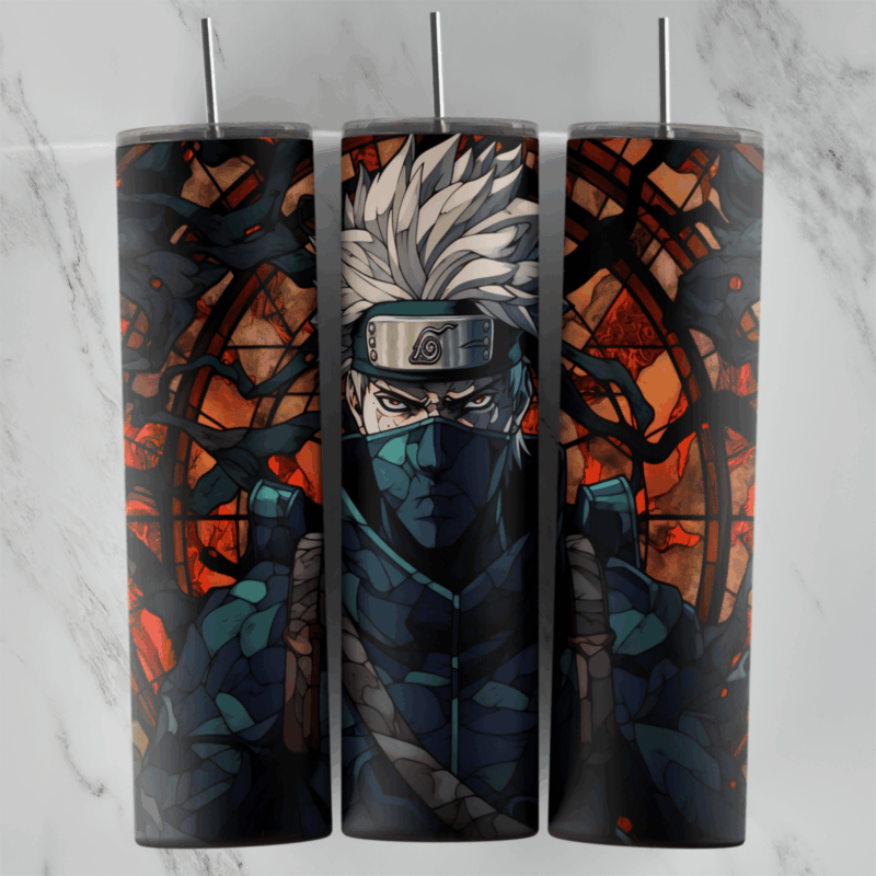 A stained glass style anime tumbler wrap with Kakashi from Naruto, his white hair, masked face and leaf headband, set in dark. Sublimation design