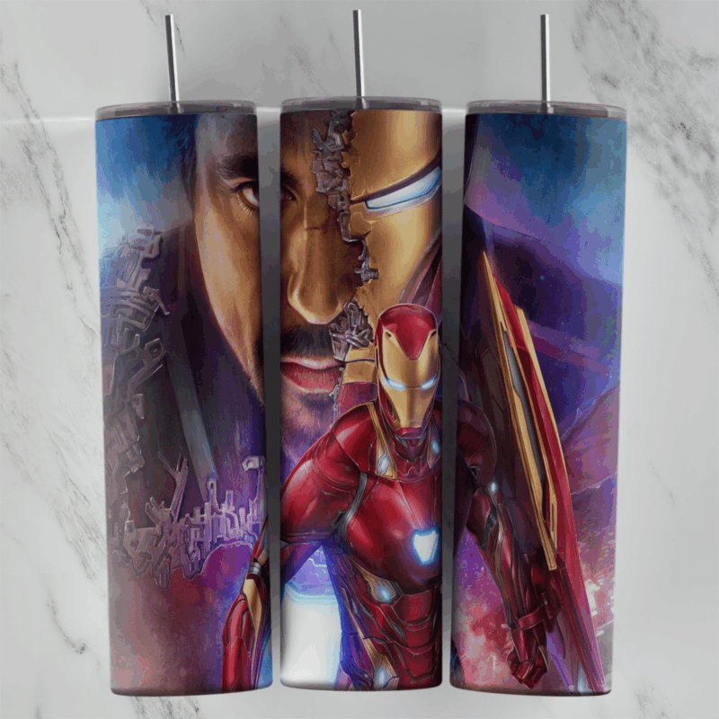 A superhero tumbler wrap with Tony Stark’s face merging into the Iron Man helmet, Iron Man in his red and gold armor and a dark. Sublimation design