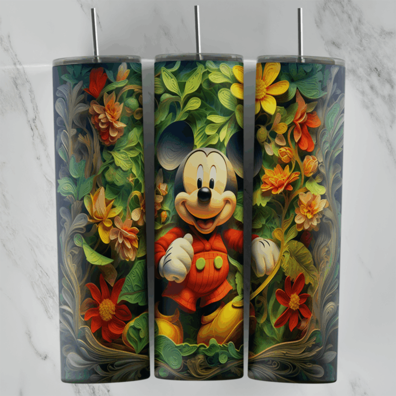 A full 20 oz skinny tumbler wrap in a 3D inflated style: Mickey waving among raised green leaves and red and orange flowers. Sublimation design