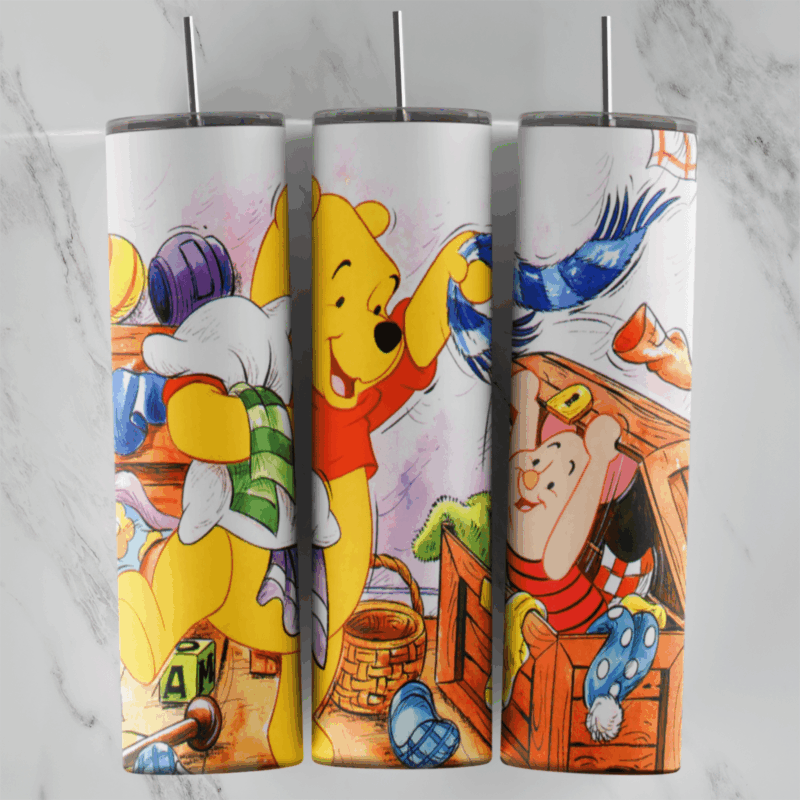 A 20 oz skinny tumbler wrap in a colored pencil storybook style: Pooh with a scarf, Piglet in a wooden crate, a basket. Sublimation design