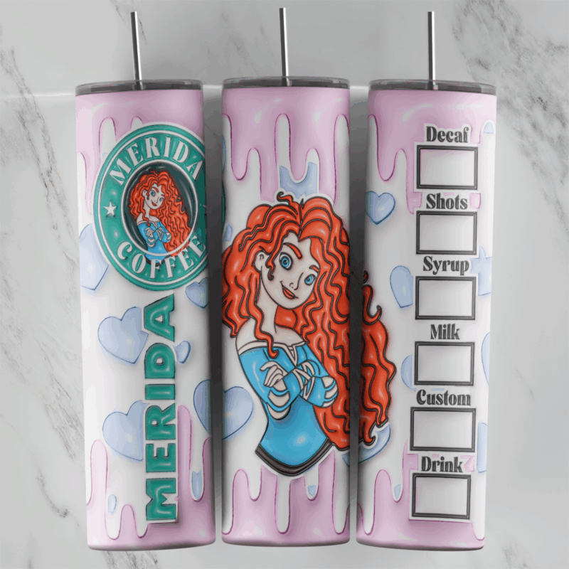 A pink drip 3D inflated 20 oz tumbler wrap with a Merida Coffee logo, Merida with her red curls, blue hearts and an order. Sublimation design