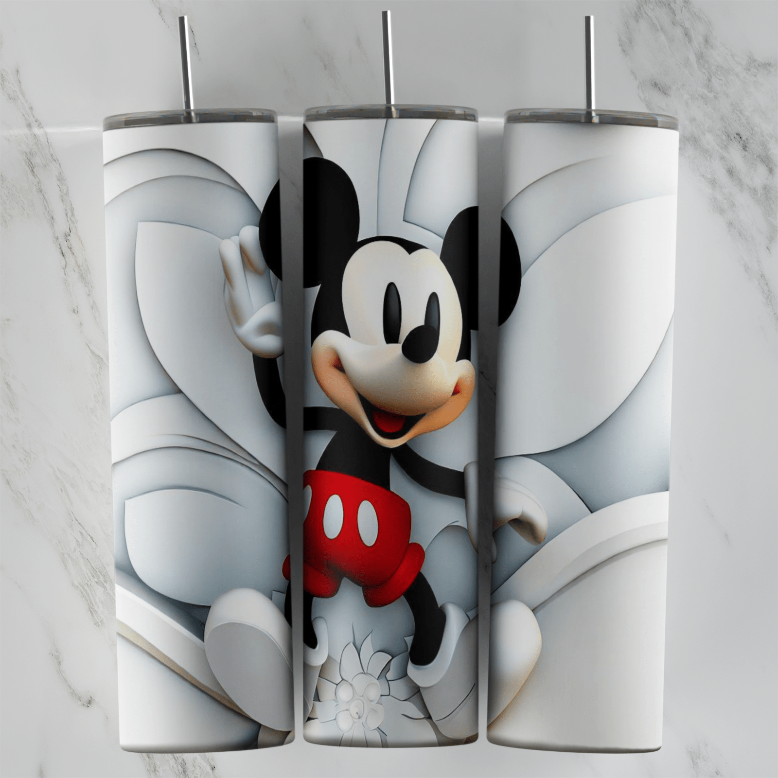A 20 oz skinny tumbler wrap with a waving Mickey Mouse bursting out of a white 3D paper petal background. Sublimation design
