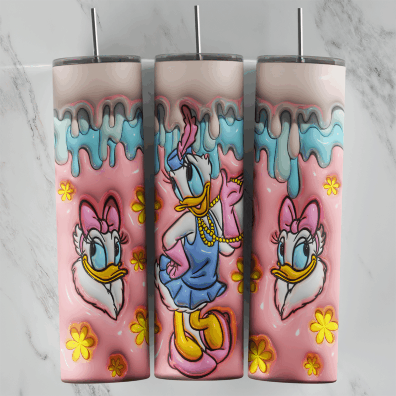 A puffy 3D style pink tumbler wrap with Daisy Duck, a mint drip border along the top and yellow flowers. Sublimation design