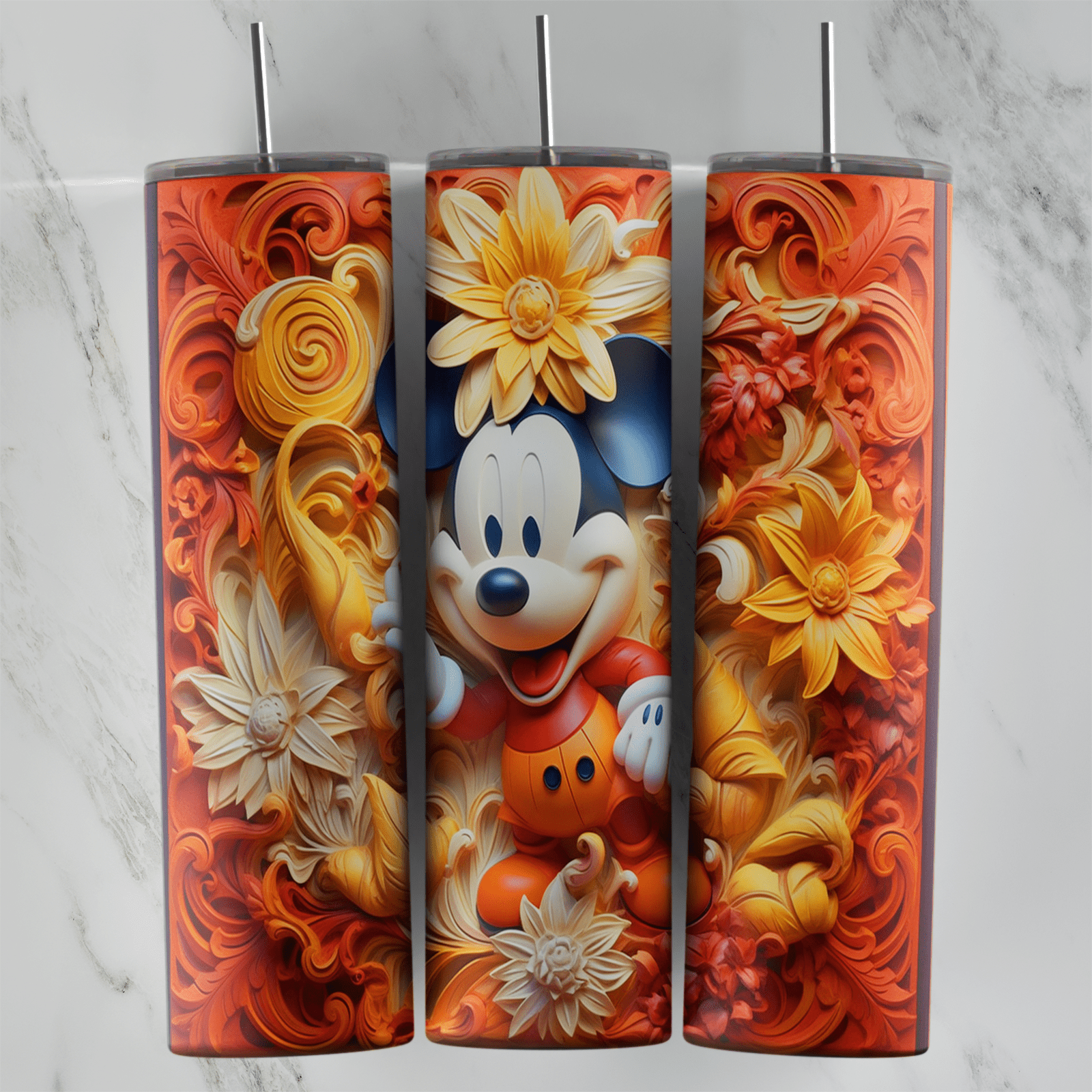 A full 20 oz skinny tumbler wrap in a 3D inflated style: a smiling Mickey among raised orange swirls and cream and yellow flowers. Sublimation design