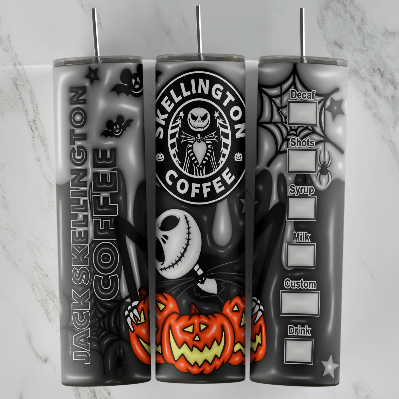 20 Oz 3D Inflated Starbucks Jack Skellington Coffee Tumbler Cup Design