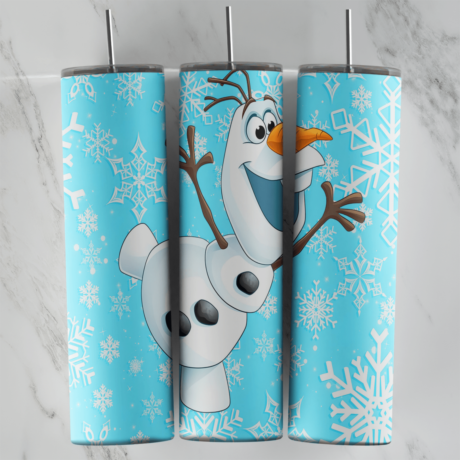 A 20 oz skinny tumbler wrap on aqua blue with white snowflakes and a full body Olaf dancing happily with his arms up. Sublimation design