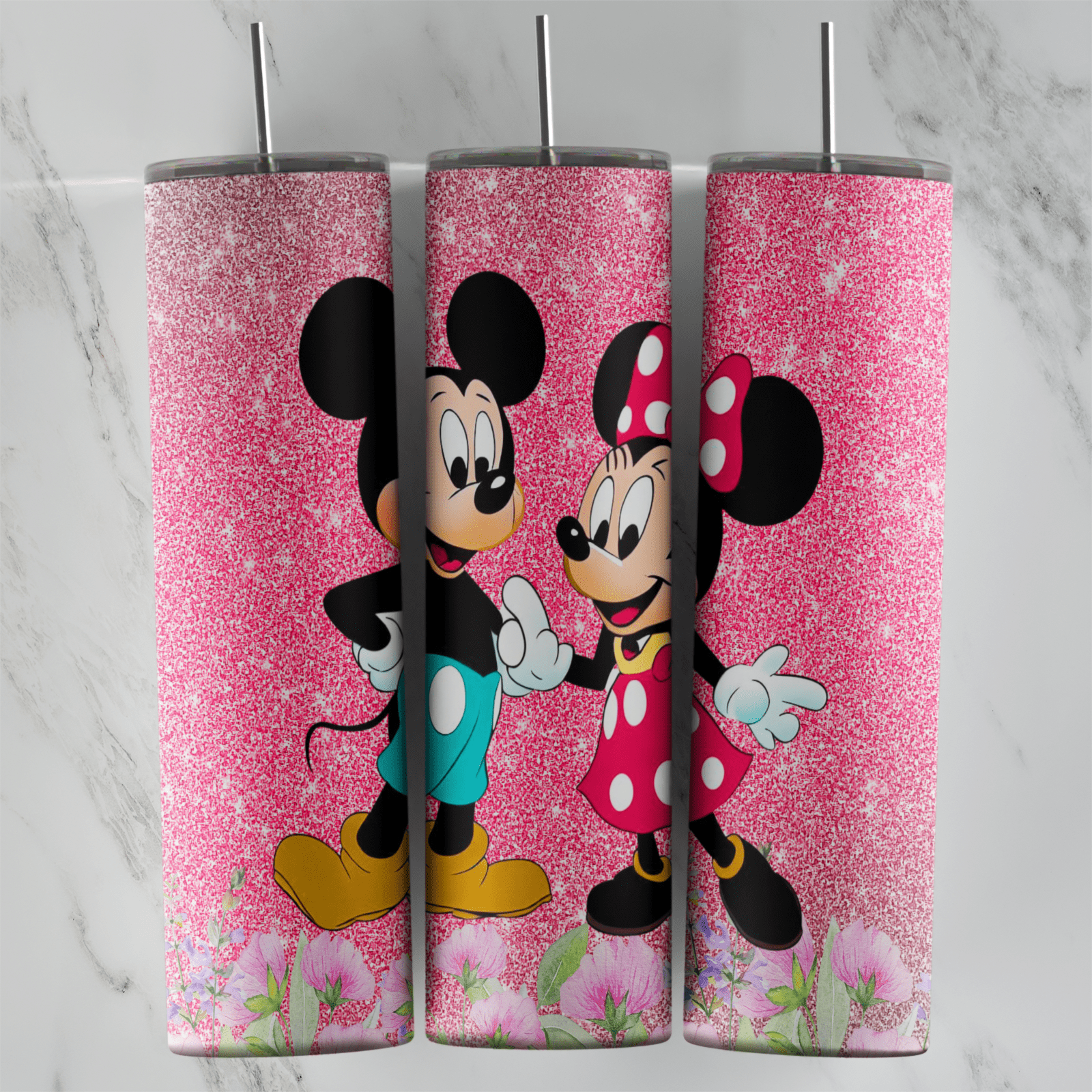 A 20 oz skinny tumbler wrap with Mickey and Minnie Mouse holding hands on a pink glitter background, with small pink flowers. Sublimation design