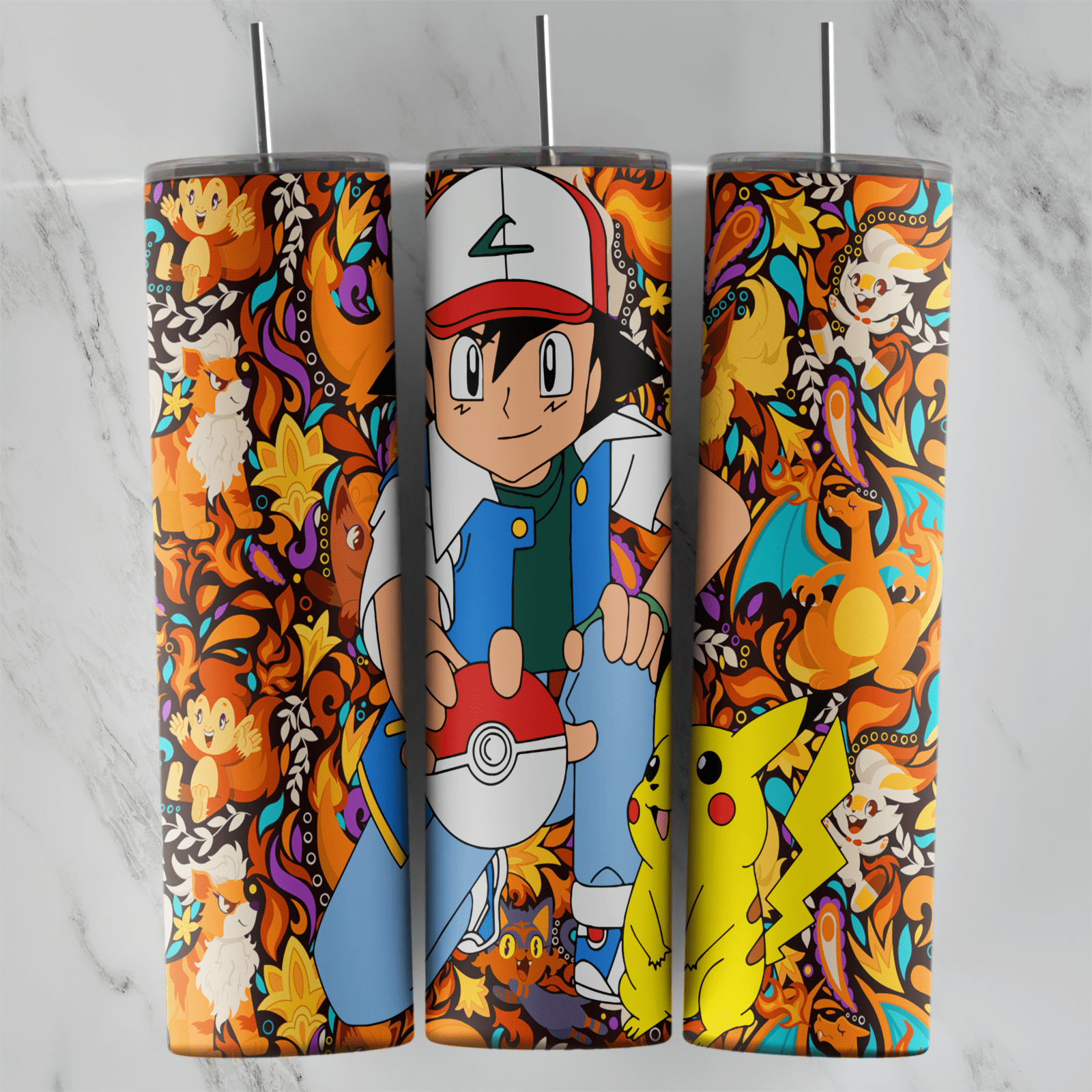 20 Oz Pokemon Ash and Charizard Autumn Tumbler Cup Design