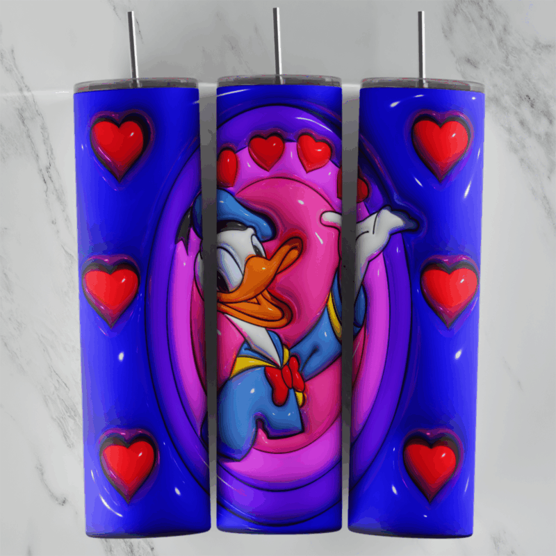 A puffy 3D style tumbler wrap with Donald Duck in a pink and purple swirl circle surrounded by red hearts on a royal blue. Sublimation design