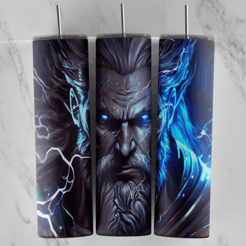 A full 20 oz skinny tumbler wrap with a dark stormy Thor face with glowing blue eyes, a long beard and lightning around him. Sublimation design