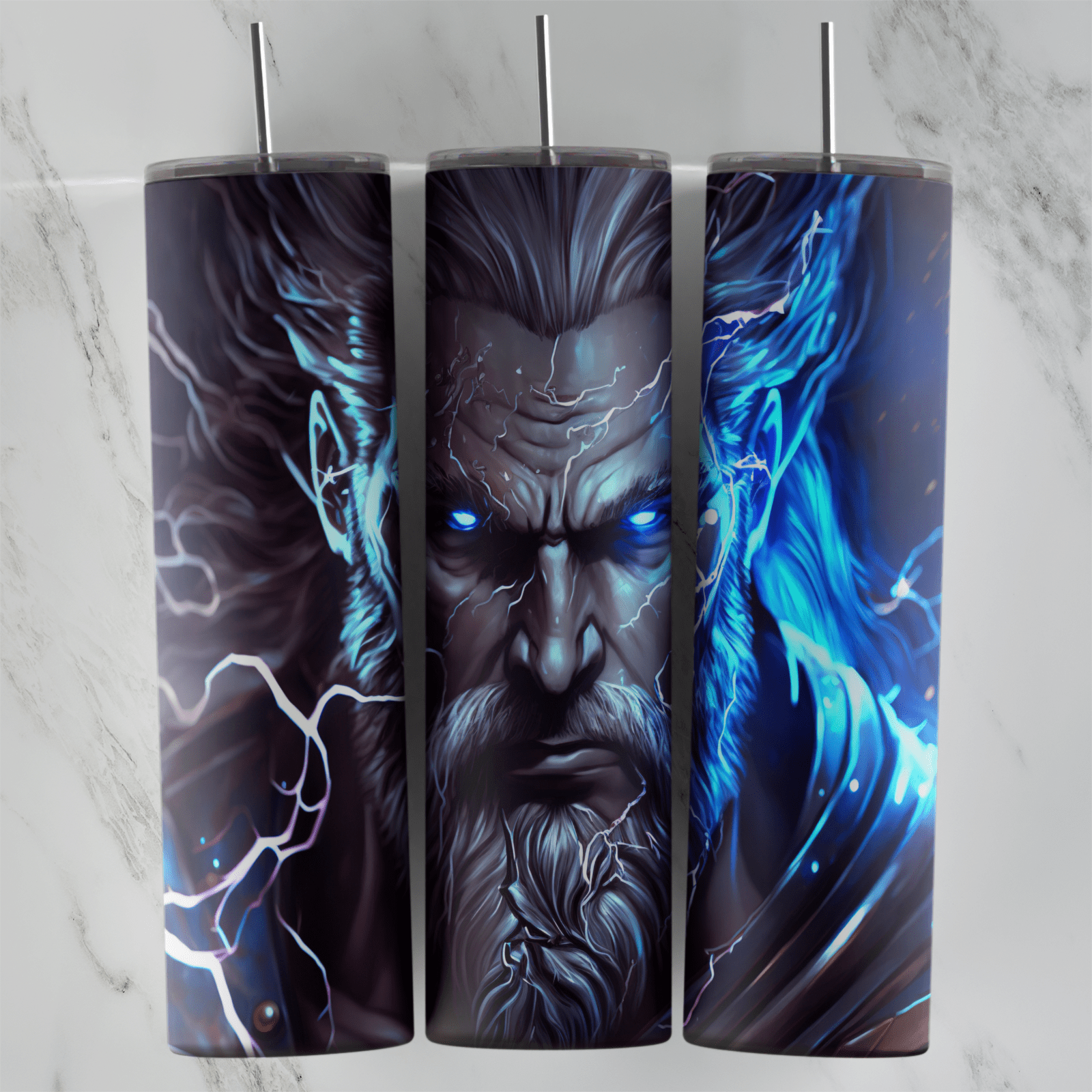 A full 20 oz skinny tumbler wrap with a dark stormy Thor face with glowing blue eyes, a long beard and lightning around him. Sublimation design