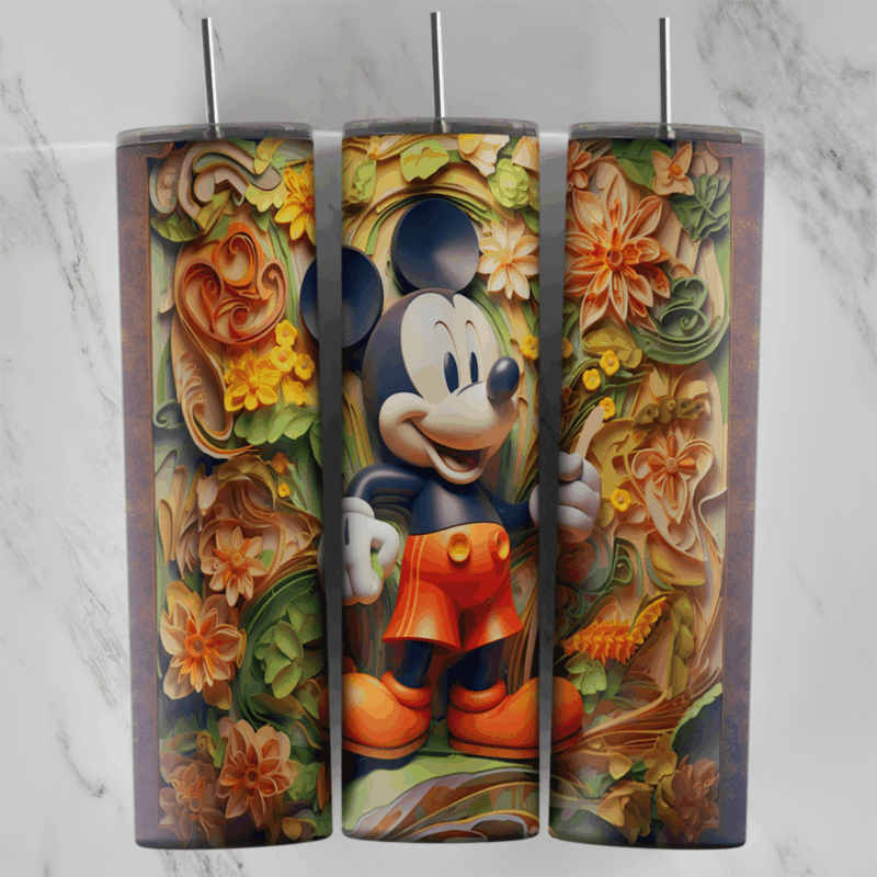 A full 20 oz skinny tumbler wrap in a 3D carved style: Mickey in red shorts standing among autumn toned flowers and leaves. Sublimation design