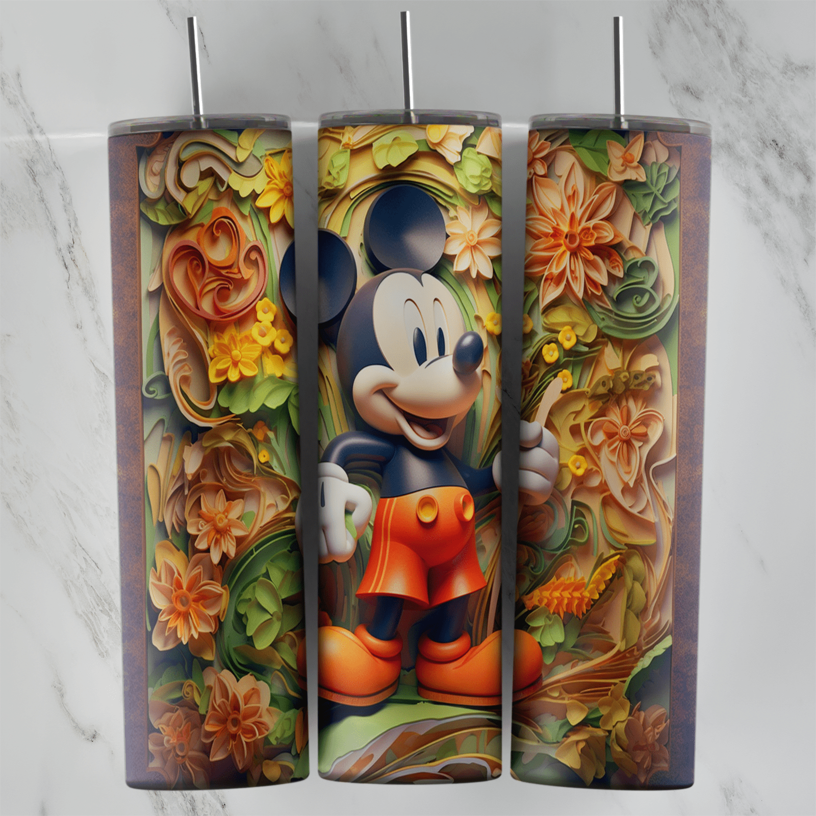 A full 20 oz skinny tumbler wrap in a 3D carved style: Mickey in red shorts standing among autumn toned flowers and leaves. Sublimation design