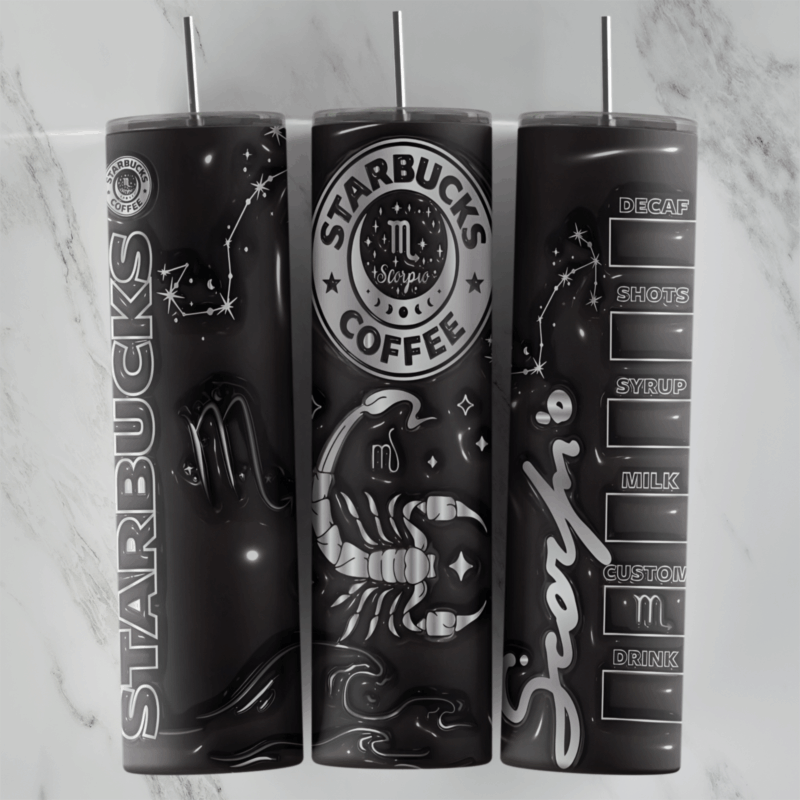 A black 3D inflated 20 oz tumbler wrap with a Starbucks Coffee logo, a scorpion, the Scorpio constellation and symbol, Scorpio. Sublimation design