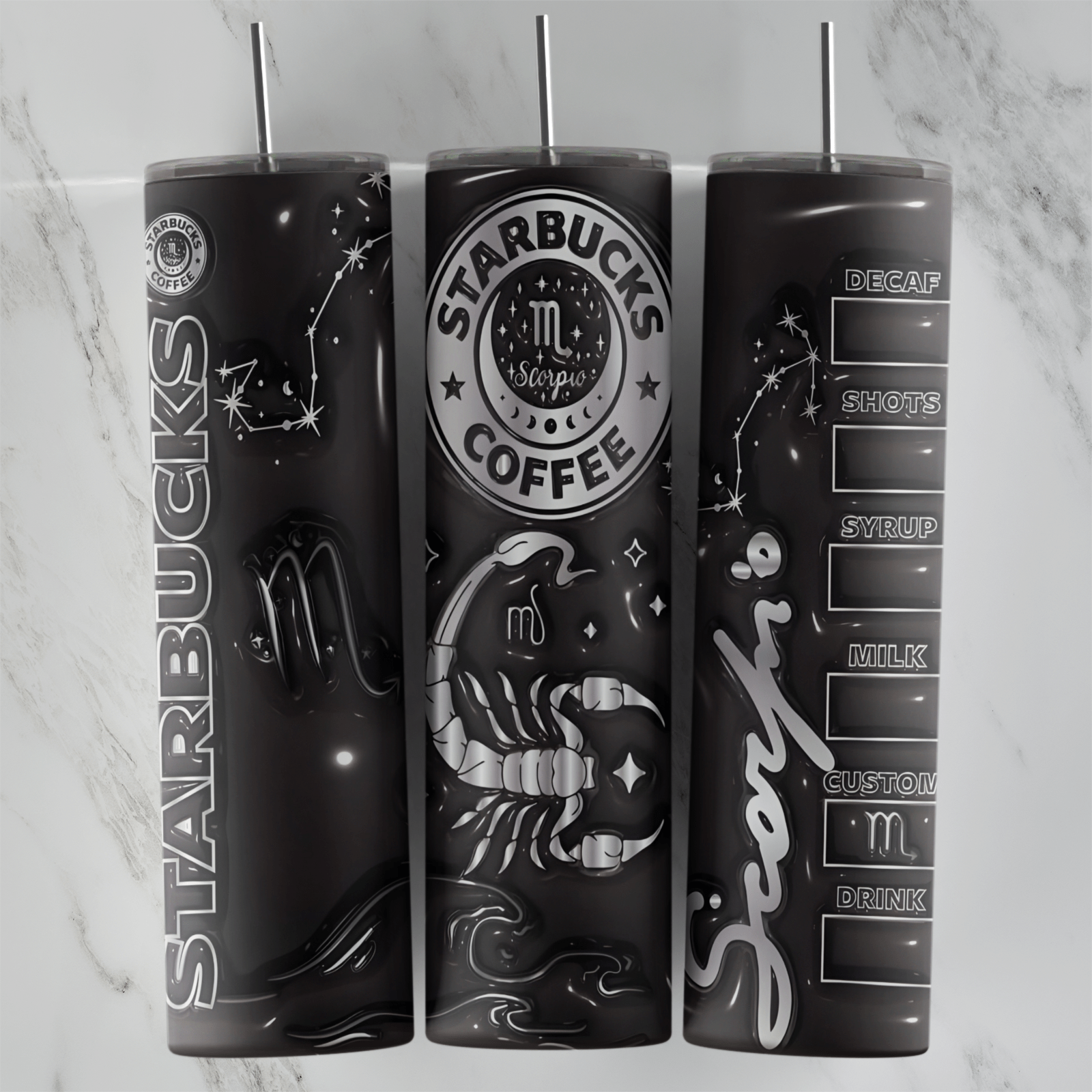 A black 3D inflated 20 oz tumbler wrap with a Starbucks Coffee logo, a scorpion, the Scorpio constellation and symbol, Scorpio. Sublimation design
