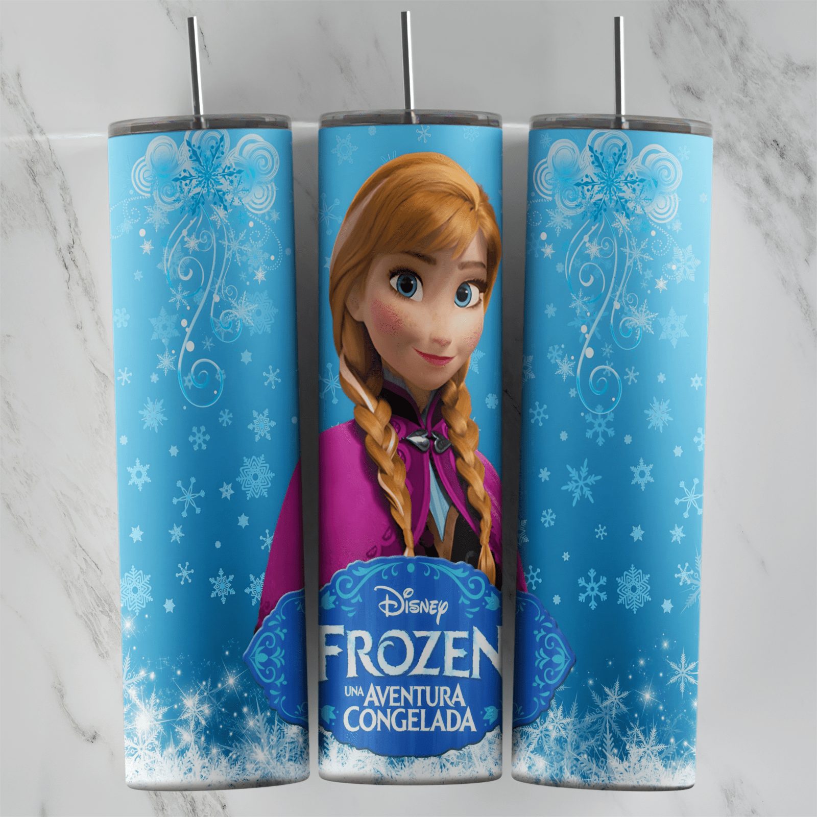 A 20 oz skinny tumbler wrap in blue with snowflakes: a large portrait of Anna with her braids and the Disney Frozen Uma Aventura. Sublimation design