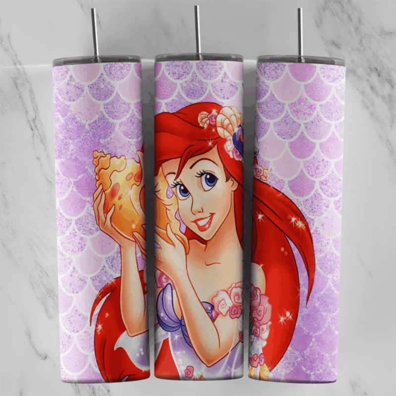 A 20 oz skinny tumbler wrap on lilac mermaid scales with a large portrait of Ariel holding a seashell to her ear. Sublimation design