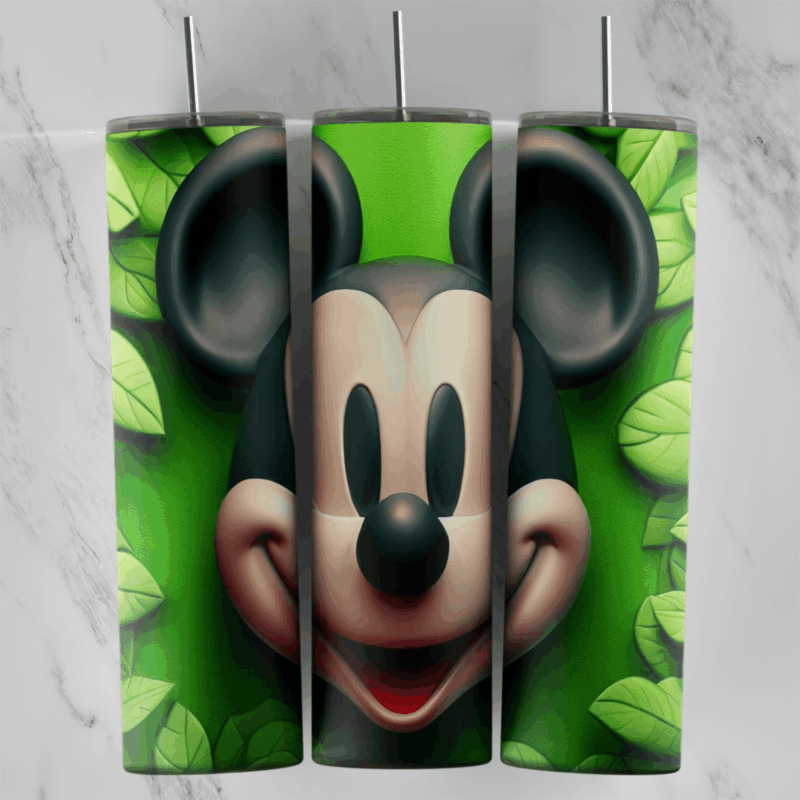 A 20 oz skinny tumbler wrap with a smiling 3D Mickey Mouse face surrounded by green 3D leaves. Sublimation design