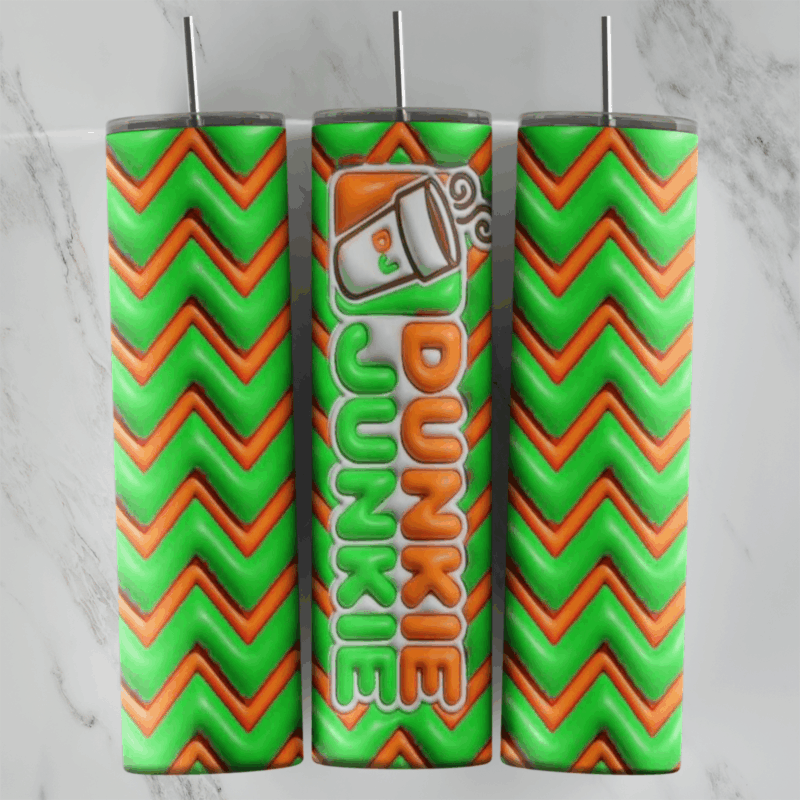 A full 20 oz skinny tumbler wrap in puffy 3D style with a green and orange zigzag chevron pattern, a coffee cup and Dunkie Junkie. Sublimation design