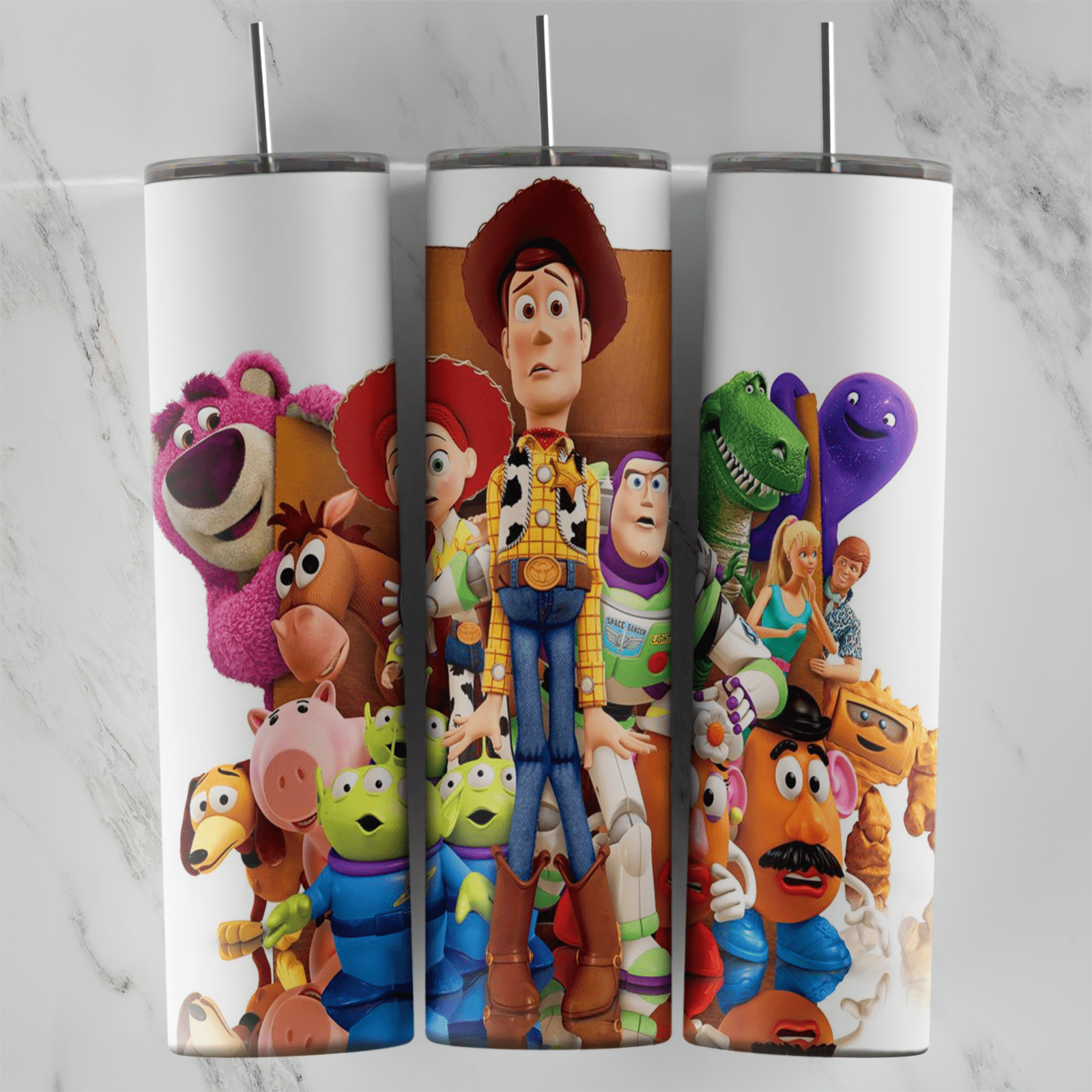 A 20 oz skinny tumbler wrap on white with a crowd of characters: Woody in the center with Lotso, Jessie, Rex, Hamm, Buzz, Mr.. Sublimation design
