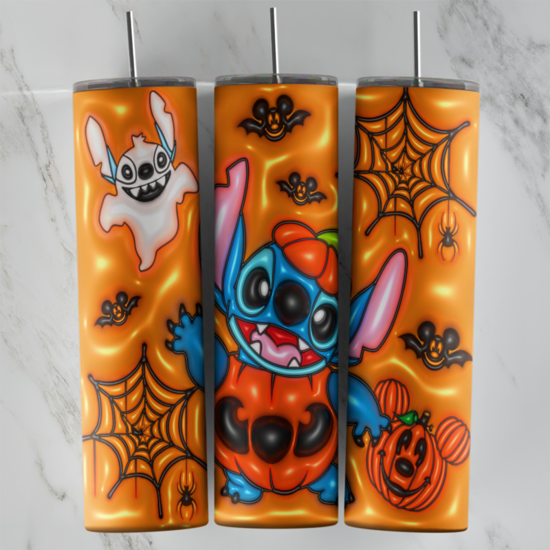 A 20 oz skinny tumbler wrap in puffy 3D style: Stitch in a pumpkin costume, a ghost Stitch, bats, spider webs and a jack o. Sublimation design