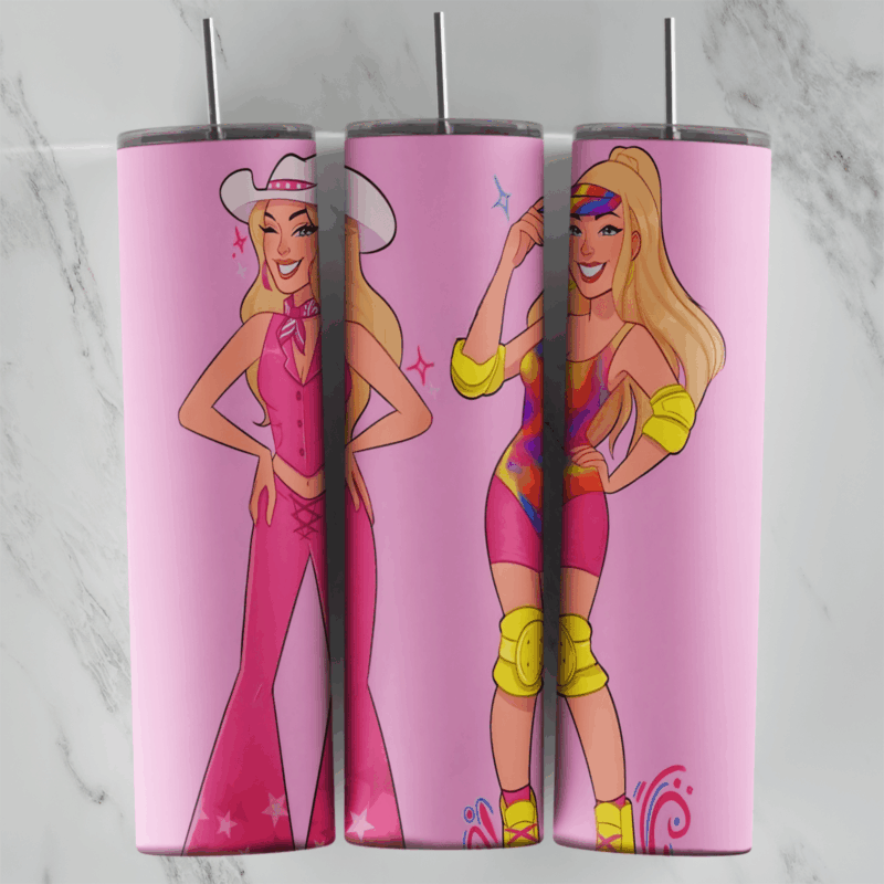 A 20 oz skinny tumbler wrap with two Barbie looks on pink: a cowgirl in a pink hat and flared suit and a roller skater in a neon. Sublimation design