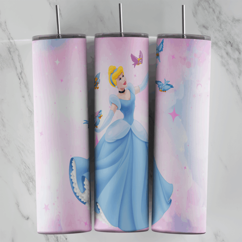 A 20 oz skinny tumbler wrap on pink and blue watercolor with Cinderella in her blue ball gown and small butterflies. Sublimation design
